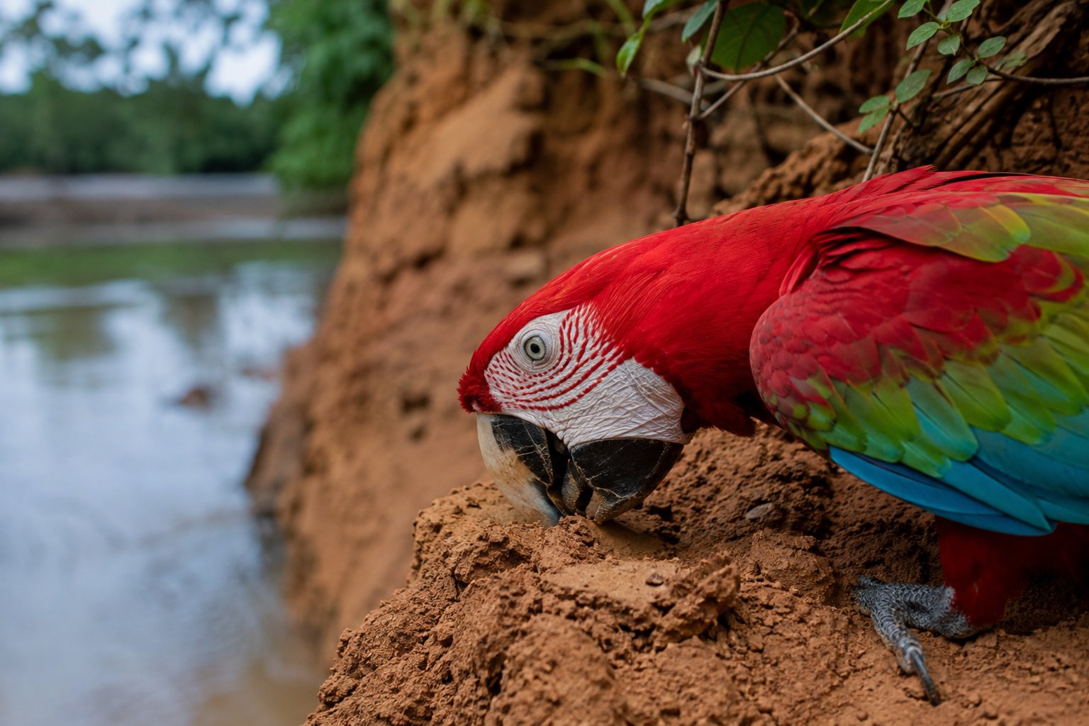 Close-up of a Blue-and-Yellow Macaw eating clay at the Manu Wildlife Center lick