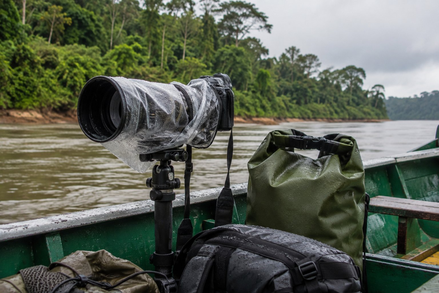 Camera gear protected by a rain cover and dry bag during an Amazon river expedition