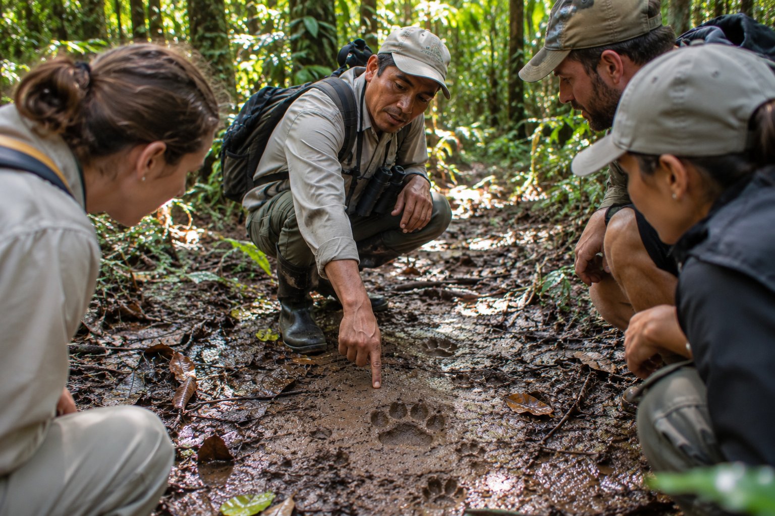 Expert local guide showing fresh jaguar paw prints in the Amazon mud