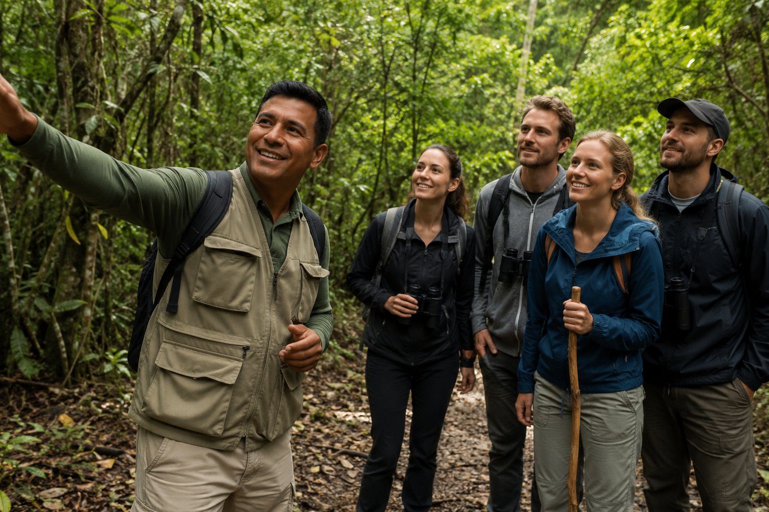 Professional guide leading a safe tourist group on a jungle trail in Manu National Park