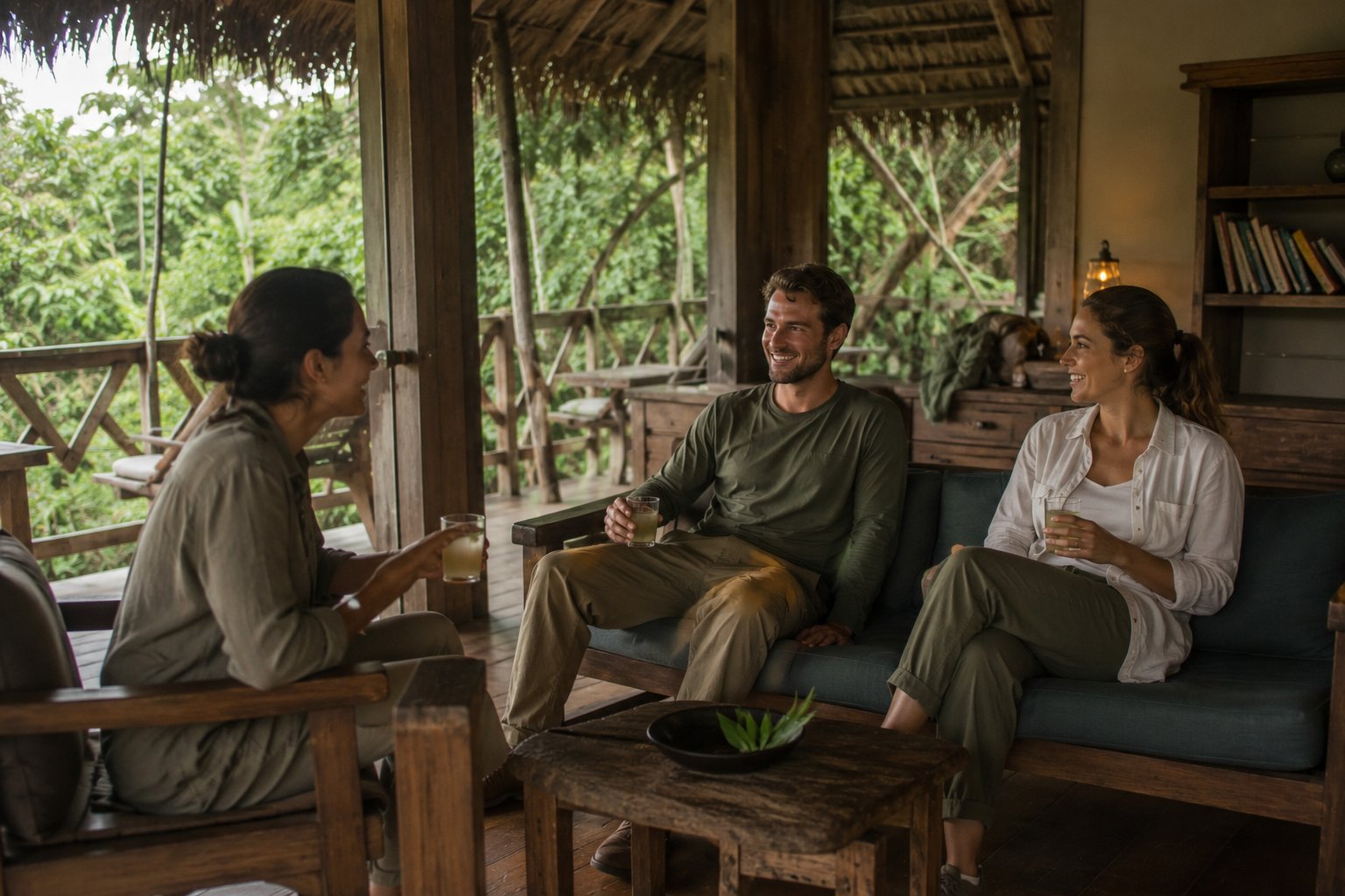 Tourists enjoying a high-quality eco-lodge experience in Manu National Park