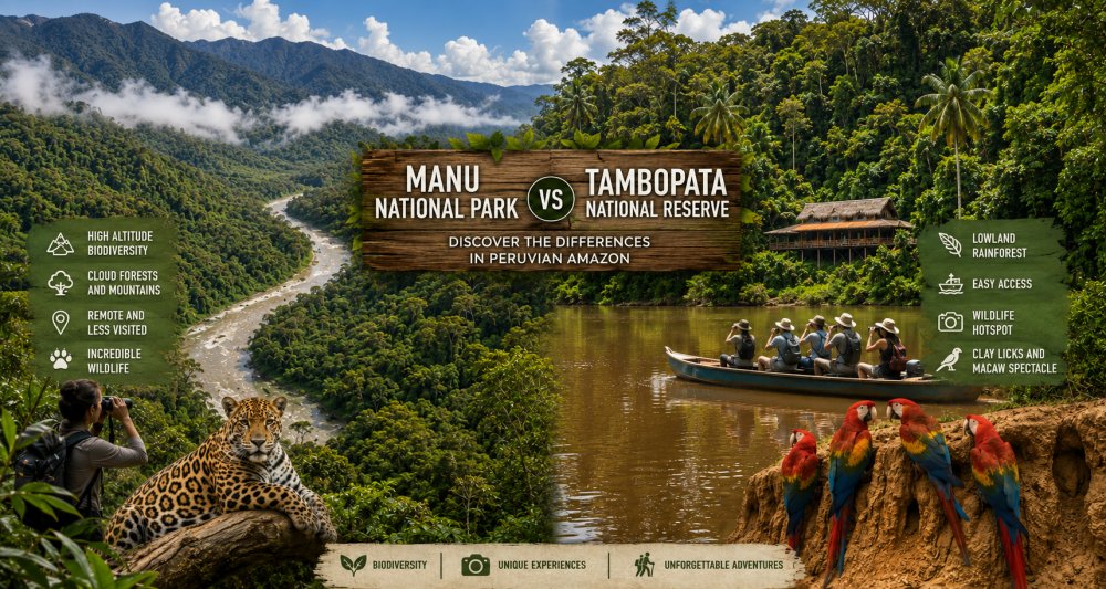 Map comparing Manu National Park vs Tambopata locations in Peru