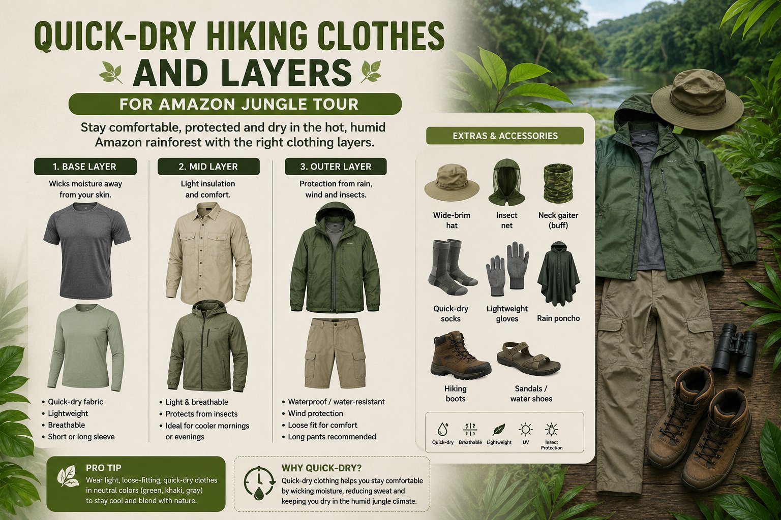 Quick-dry hiking clothes and layers for Amazon jungle tour