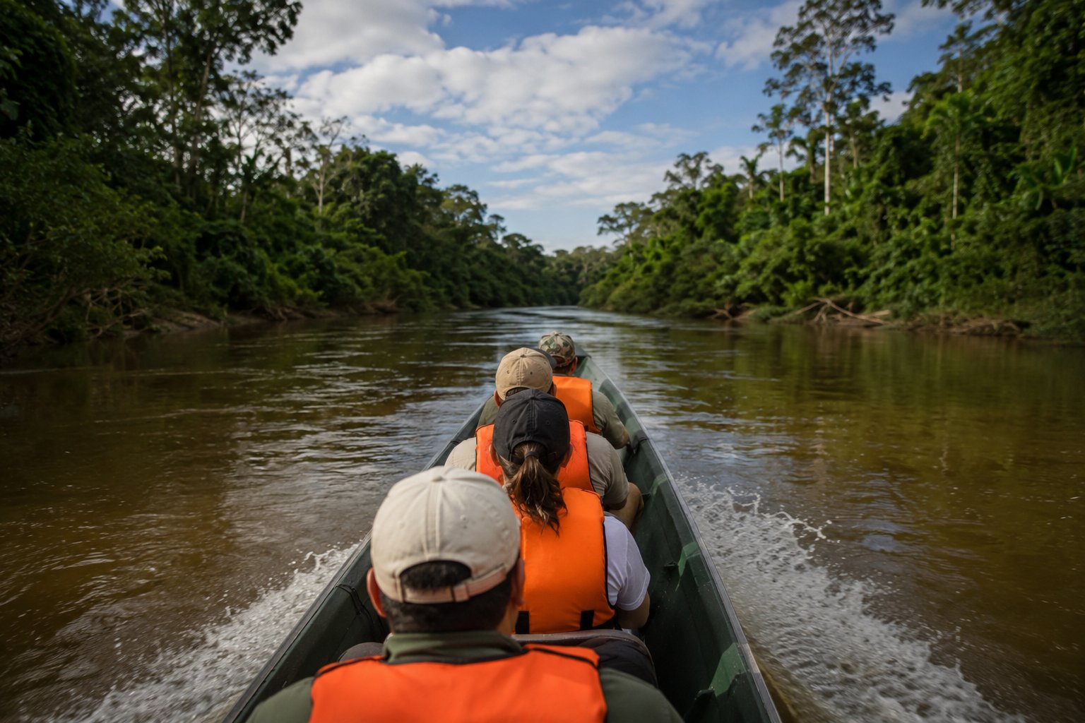 Safe tourist transportation with life jackets on the Madre de Dios River