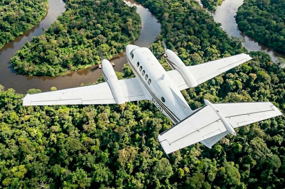 Small aircraft at Boca Colorado airstrip in Manu National Park