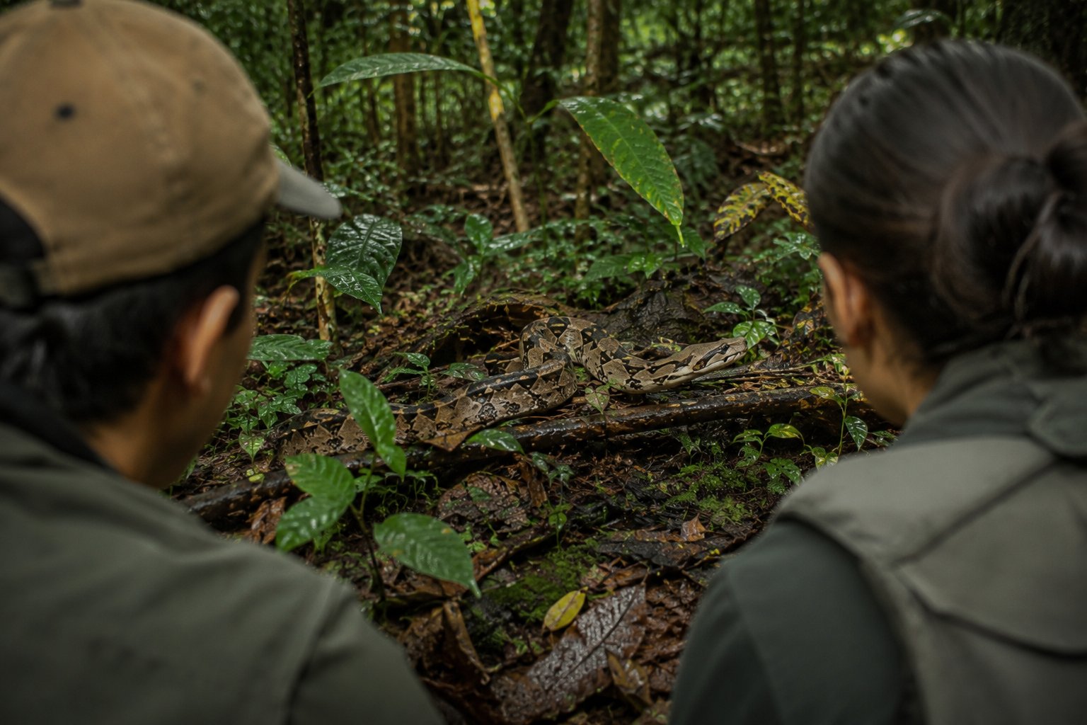 Tourists safely observing Amazon wildlife from a distance with expert guide